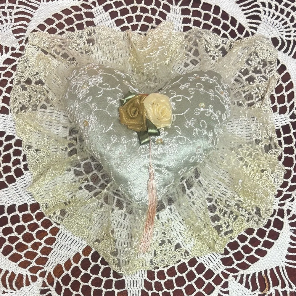 Victorian French Lover Lace Heart Pillow Hand Crafted Vintage Cottage Decor Pink